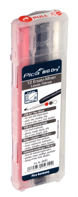 Набор грифелей для карандаша Pica BIG Dry, красный/белый/серый, 12 шт.